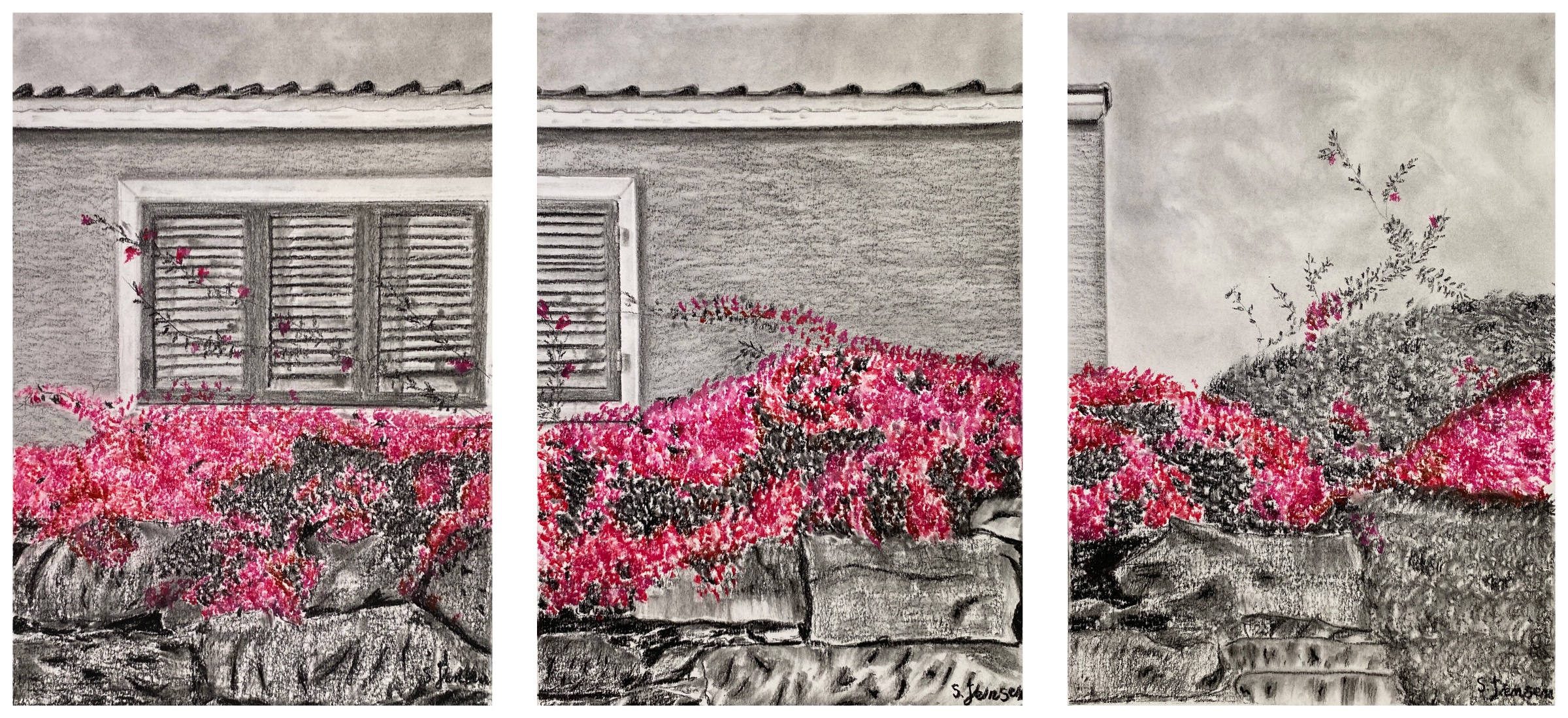 Stenmur i blomster – mixed media af Solmaz Jensen