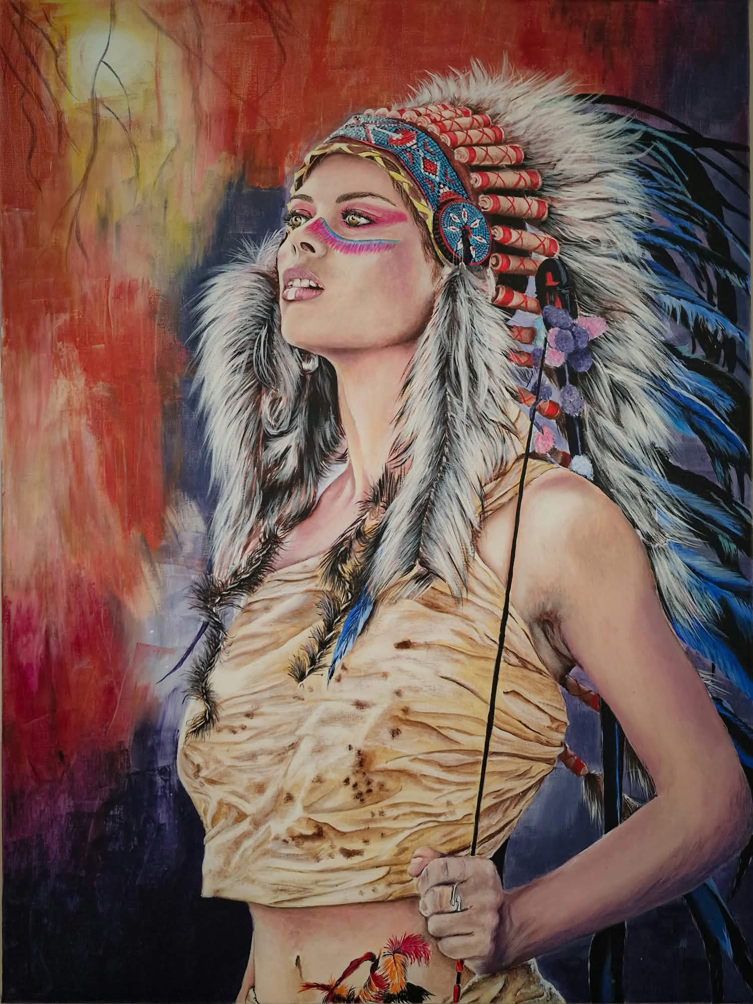 Woman with feather headdress. – malerier af Natalya Ponomarenko Larsen