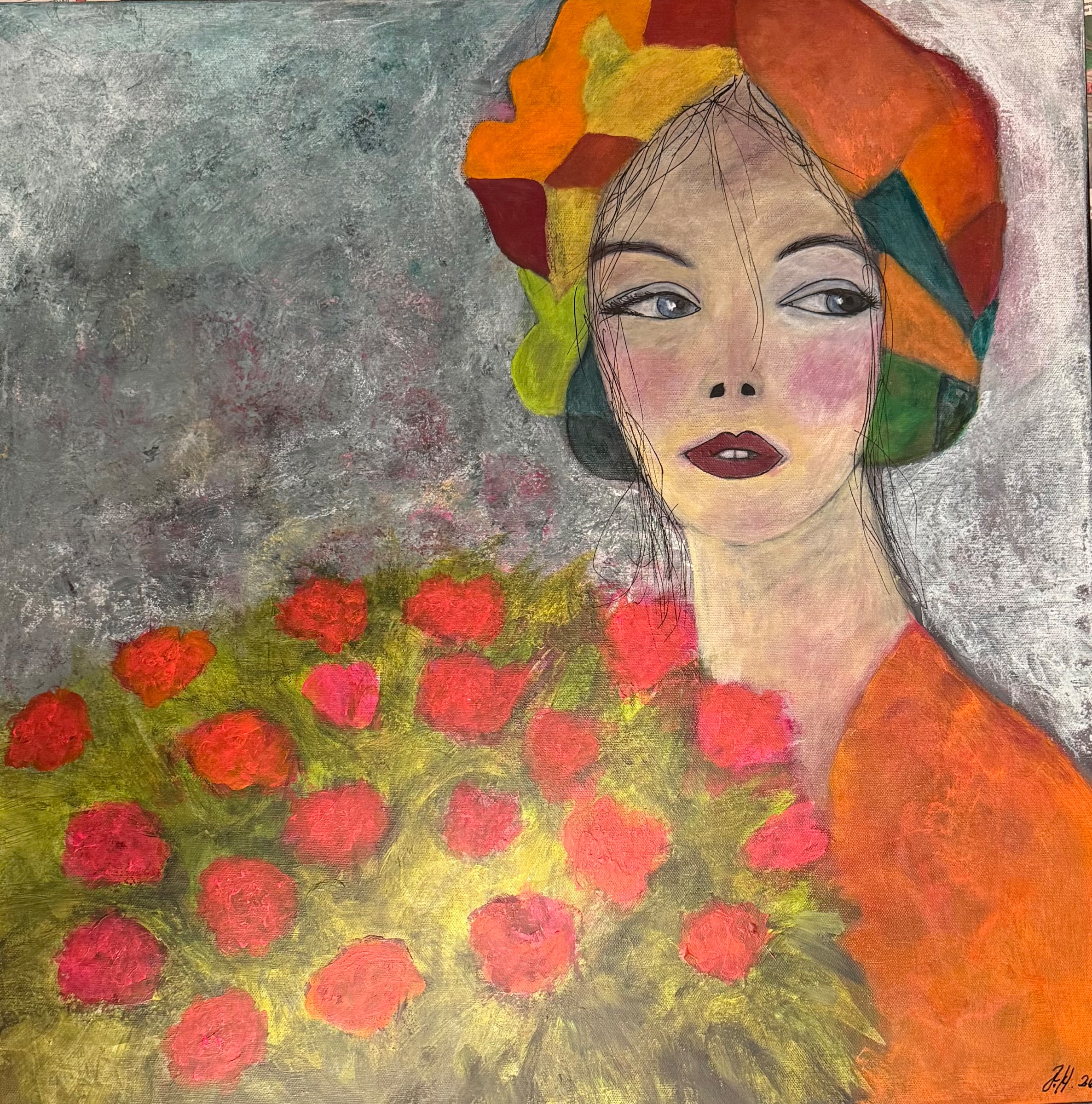 Kvinden med blomster. – mixed media af Jeanette Hammershøj Jørgensen
