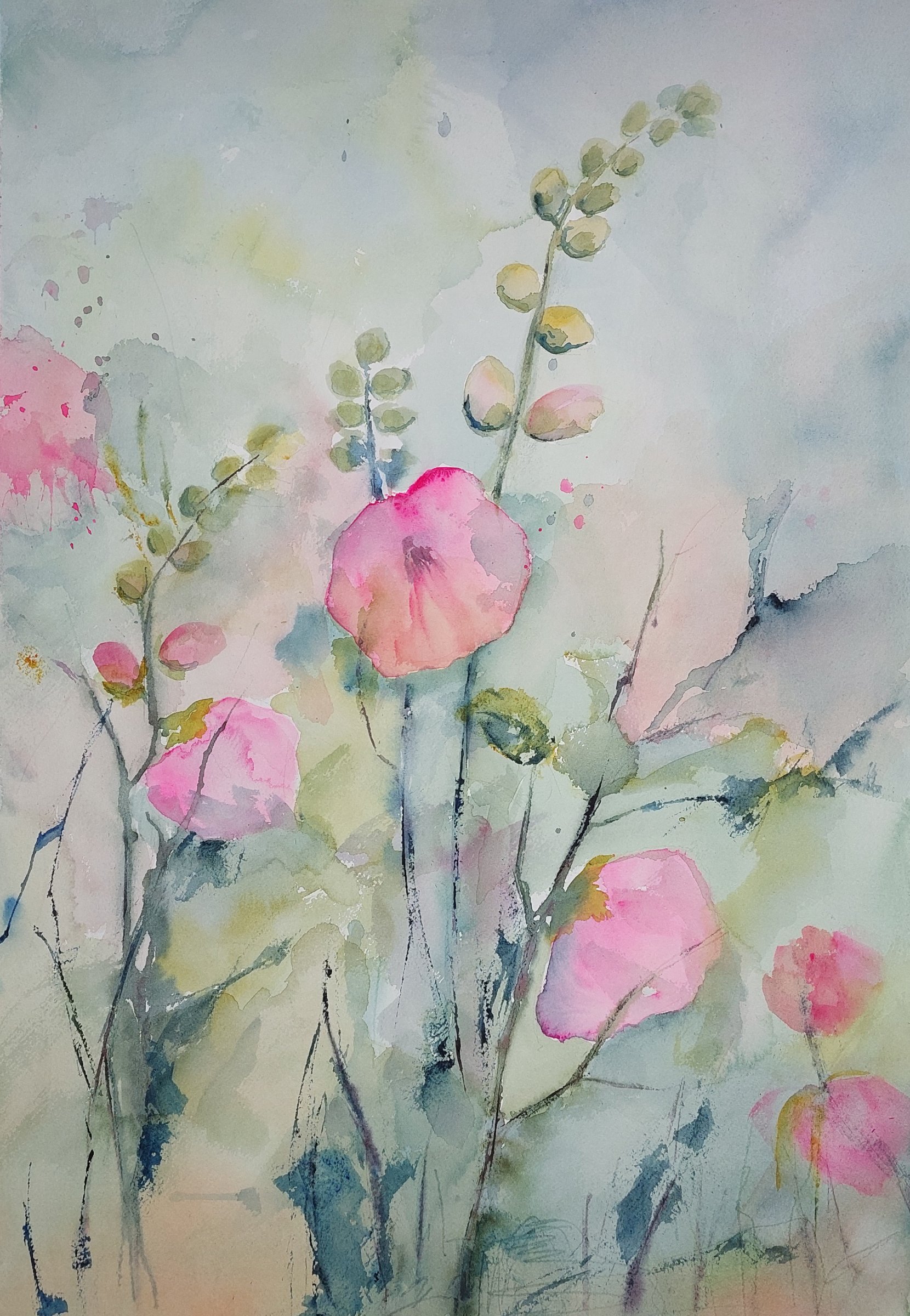 Stokrose – malerier af Ruth Jensen