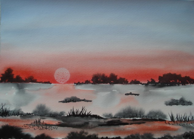 Solnedgang. Akvarel.
