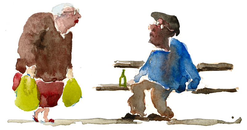 Lady looking at man on bench
