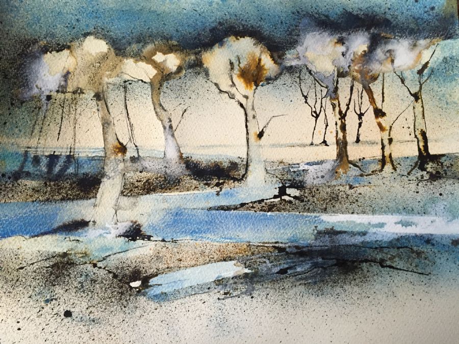 Akvarel, pigment og blæk, indrammet i pa