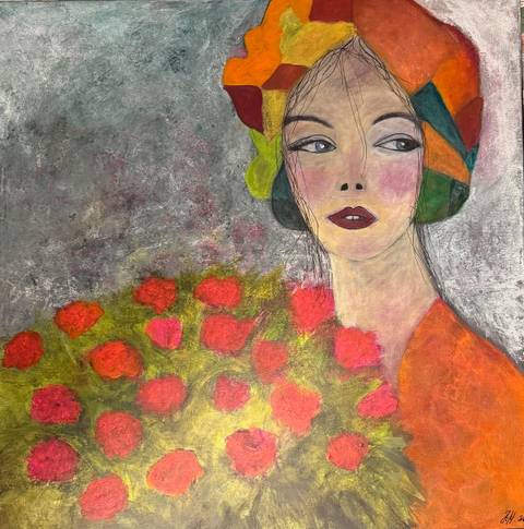 Kvinden med blomster. – mixed media af Jeanette Hammershøj Jørgensen