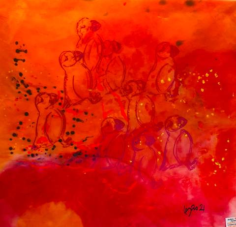 Søpapegøjer på Mykines – mixed media af Anders Hjuler