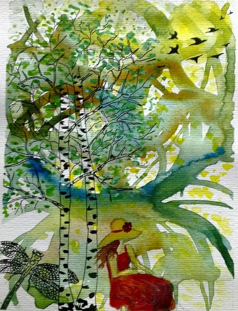 "Dragonfly watching girl in red"