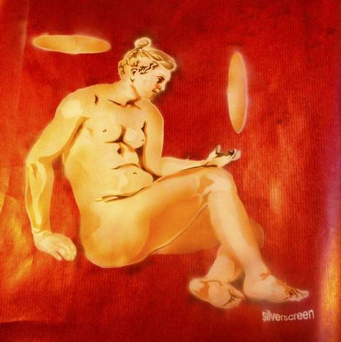 "Femme assise sur fond rouge" – stencils af Per Corell
